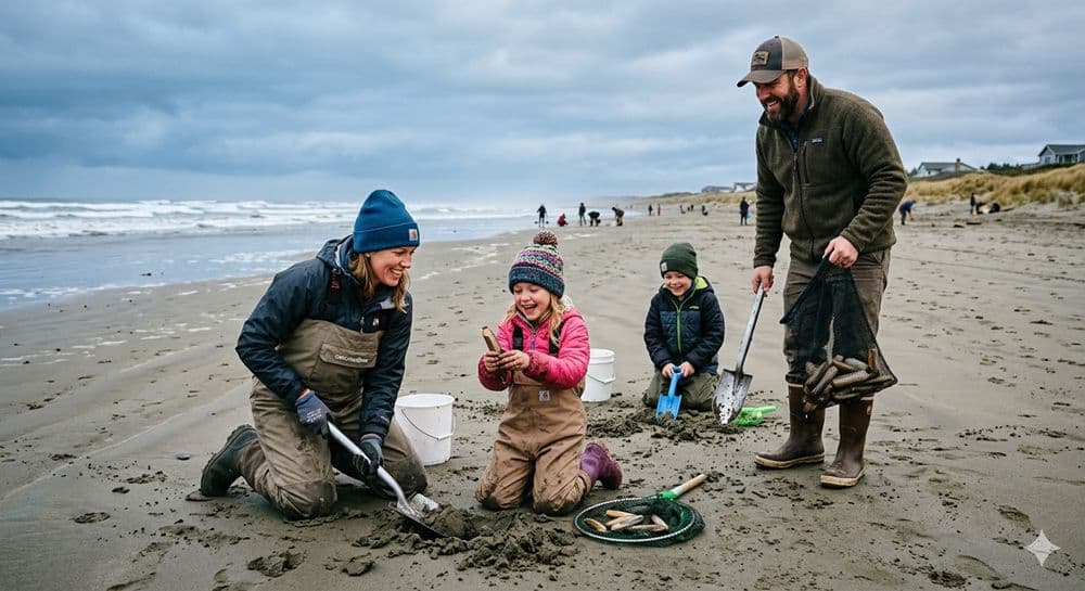 Razor clam digging on Grayland Beach at night with lanterns