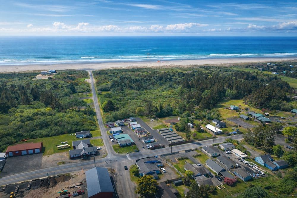 Aerial view of Ocean Spray Beach Resort cottages in Grayland, WA